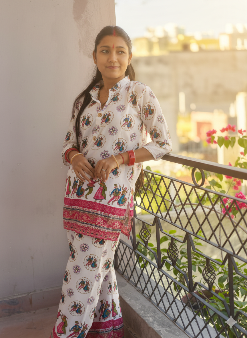 Vibrant White & Pink Folk Dance Print Kurta Set