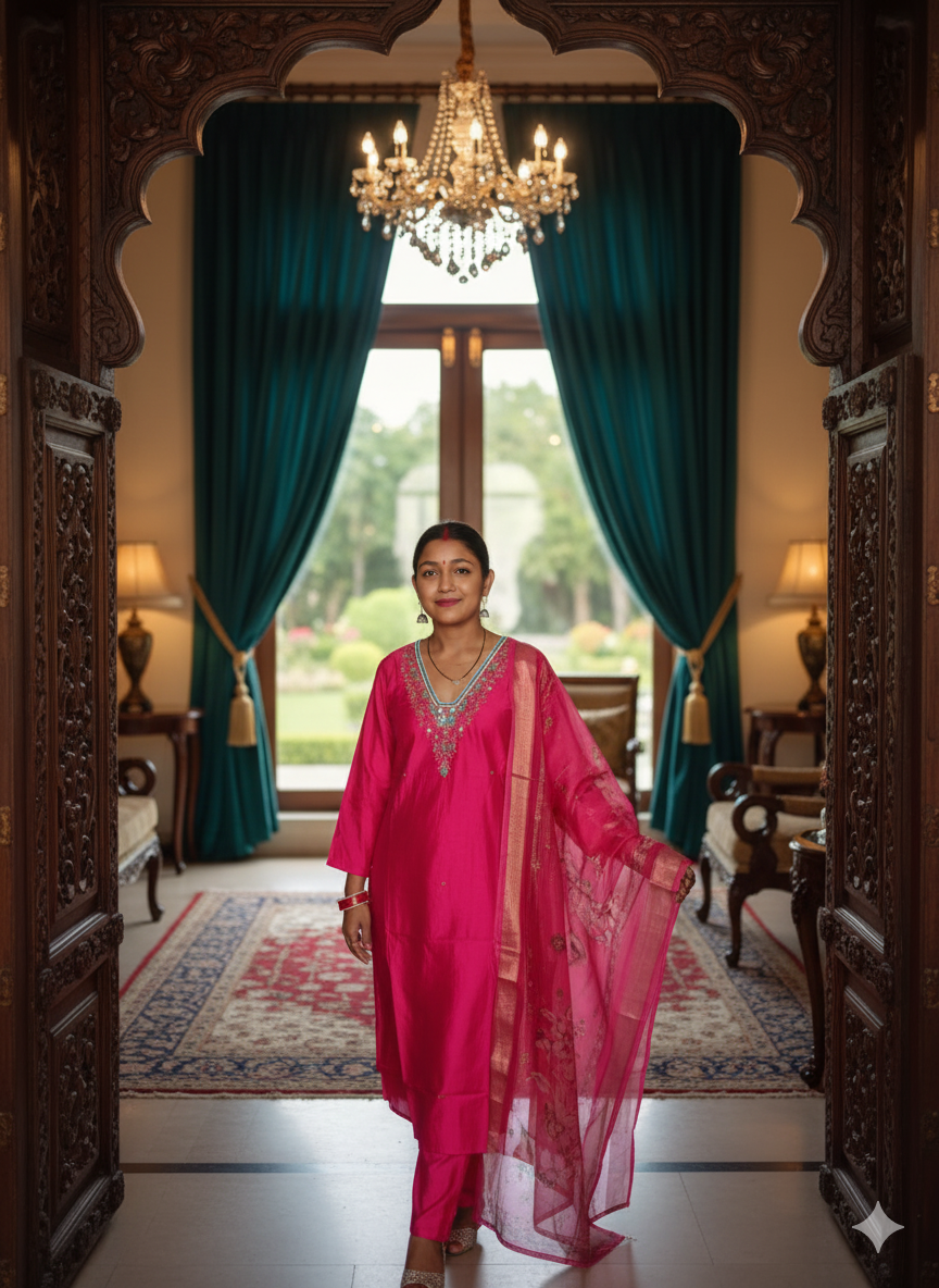 Festive Rani Pink Straight-Cut Kurta Set with Aqua Accent Embroidery