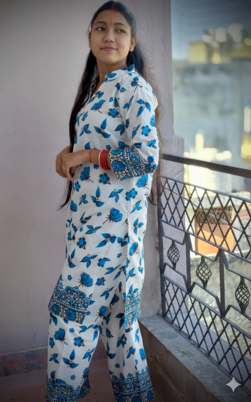 Serene White & Blue Floral Print Kurta Set with Intricate Border Detailing