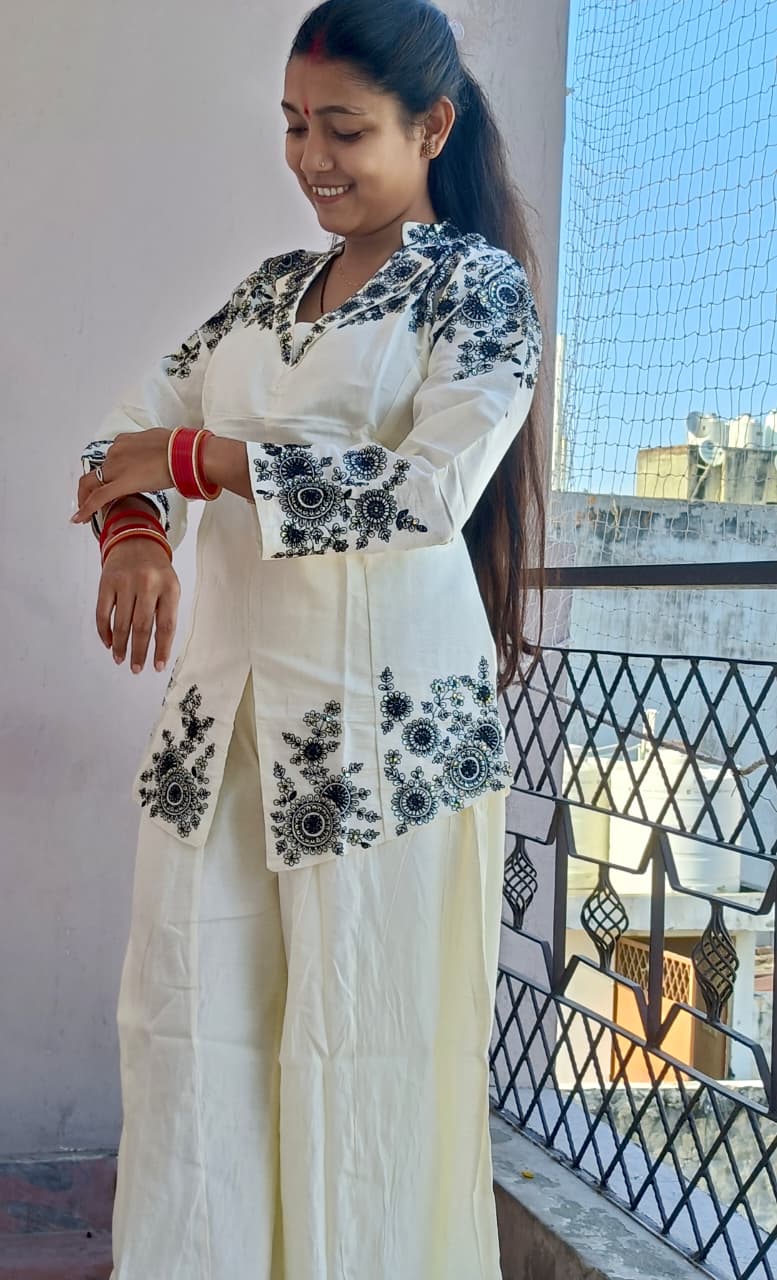 Embroidered White Kurta Set with Palazzos