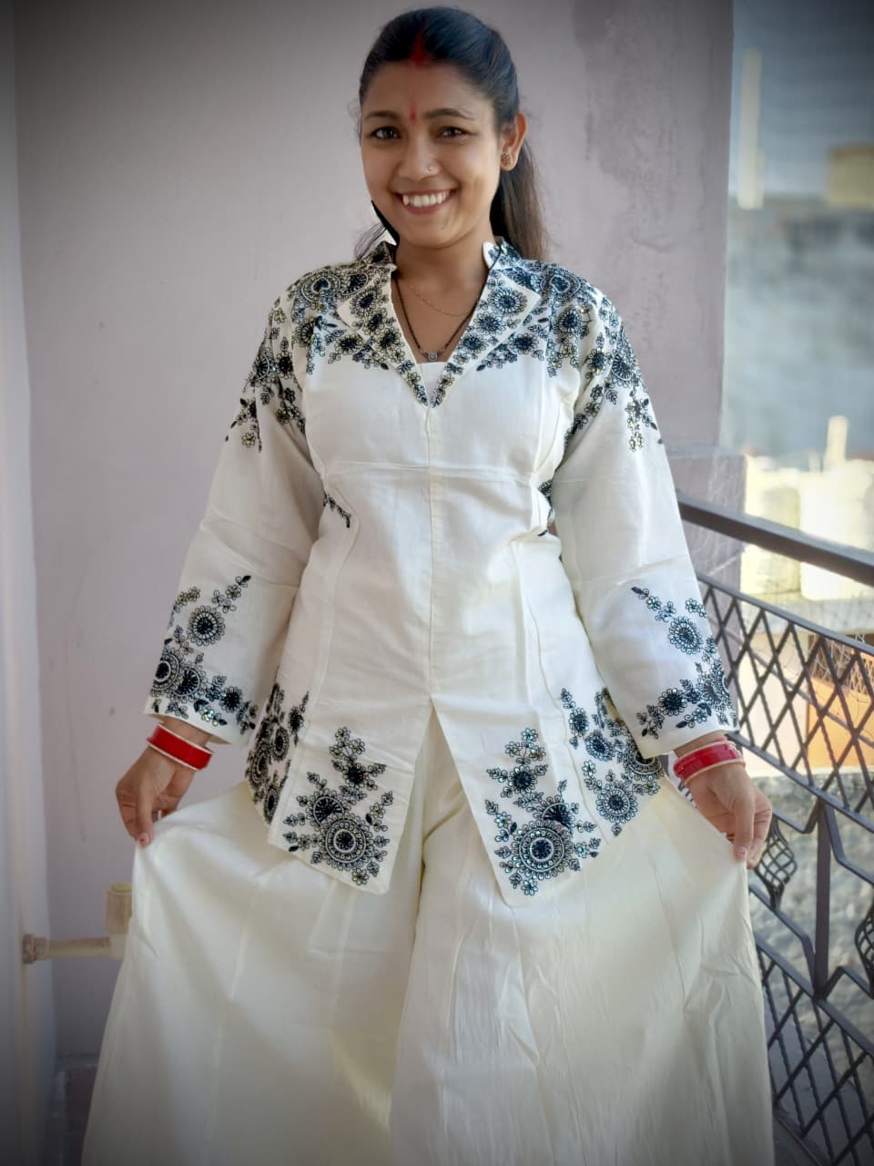 Embroidered White Kurta Set with Palazzos