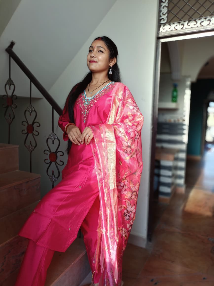 Festive Rani Pink Straight-Cut Kurta Set with Aqua Accent Embroidery