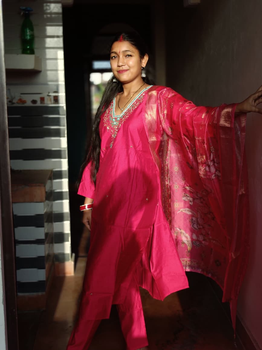 Festive Rani Pink Straight-Cut Kurta Set with Aqua Accent Embroidery