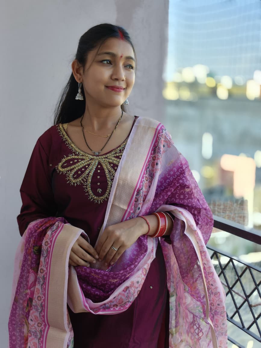 Regal Maroon & Pink Embroidered Silk Blend Salwar Suit Set