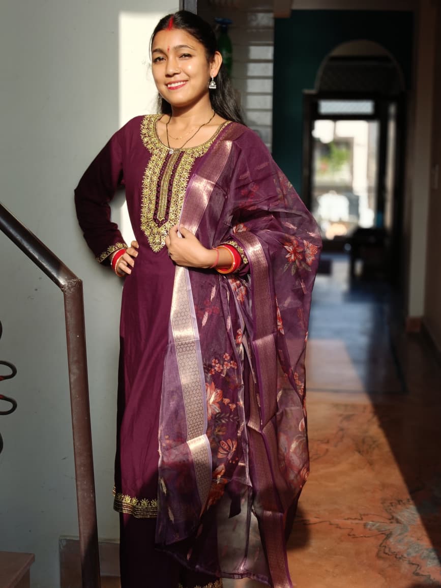 Luxurious Wine Kurta Set with Heavy Gold Work Yoke and Organza Dupatta