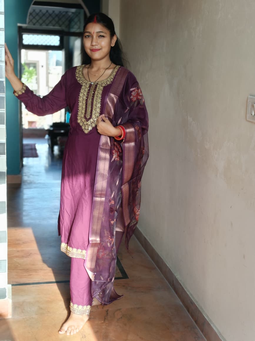 Luxurious Wine Kurta Set with Heavy Gold Work Yoke and Organza Dupatta