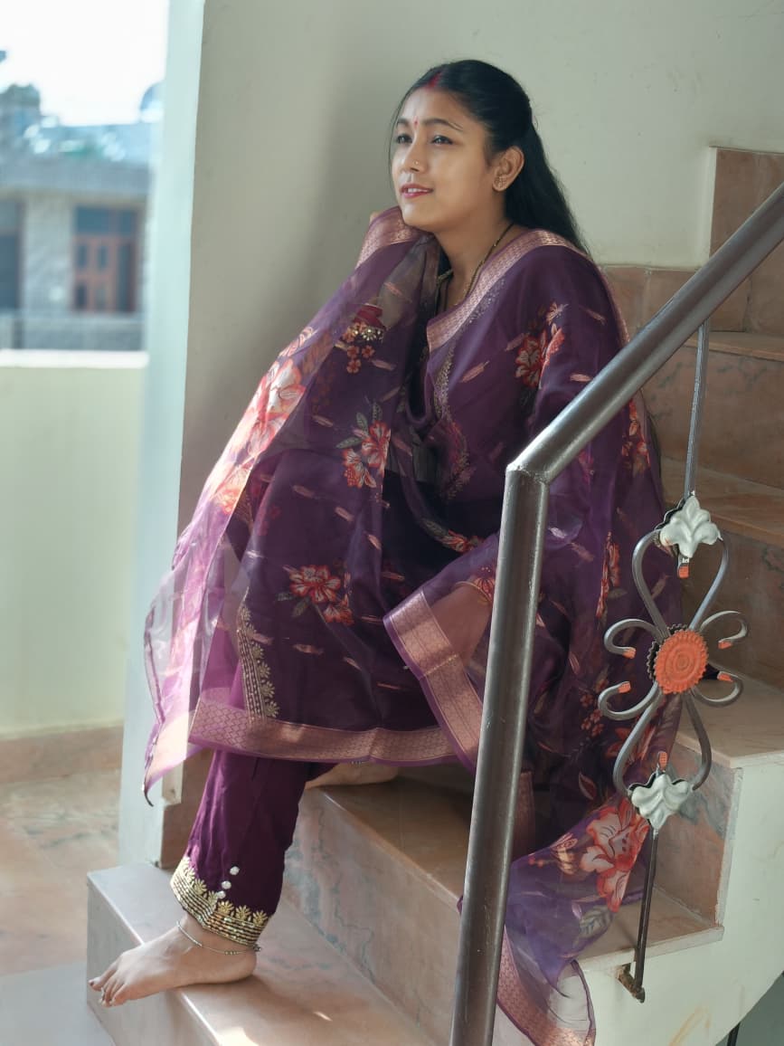 Luxurious Wine Kurta Set with Heavy Gold Work Yoke and Organza Dupatta