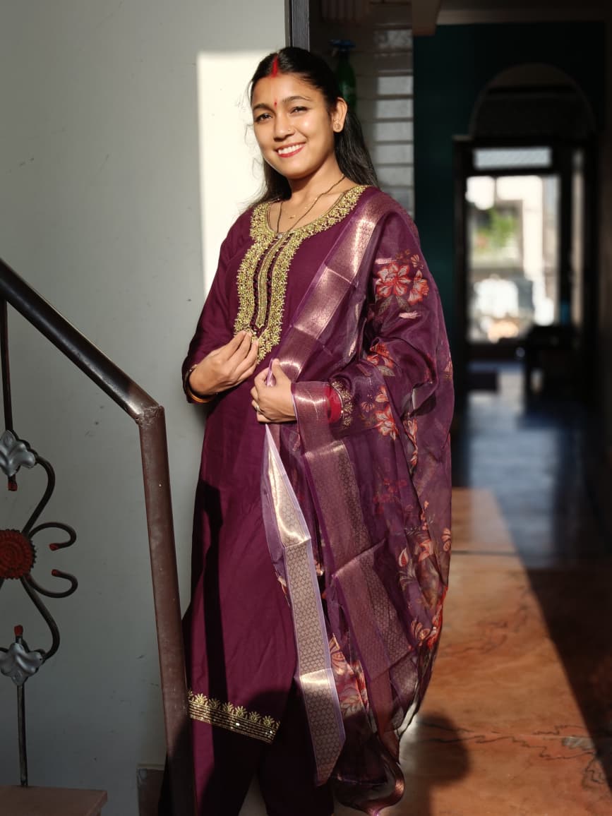 Luxurious Wine Kurta Set with Heavy Gold Work Yoke and Organza Dupatta