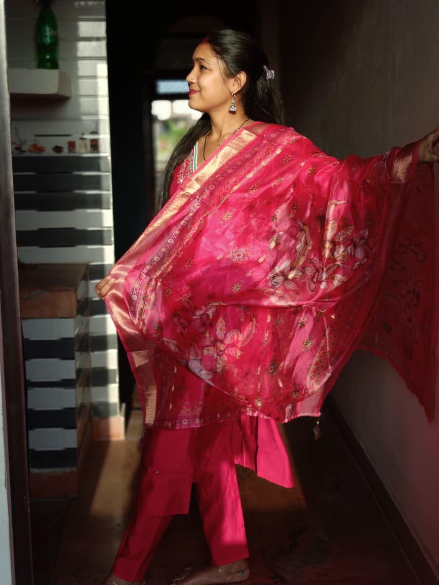 Festive Rani Pink Straight-Cut Kurta Set with Aqua Accent Embroidery