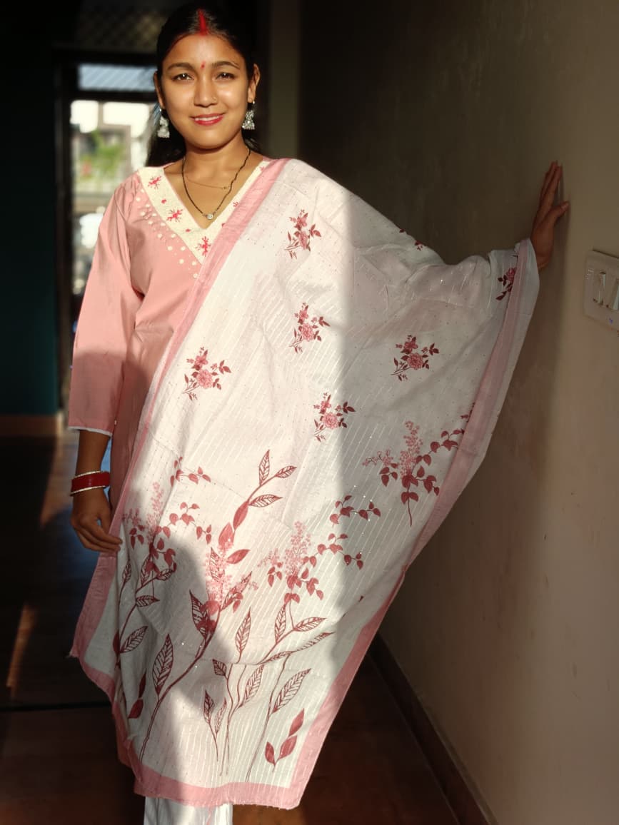 Everyday Pink Embroidered V-Neck Suit with Shimmer Dupatta