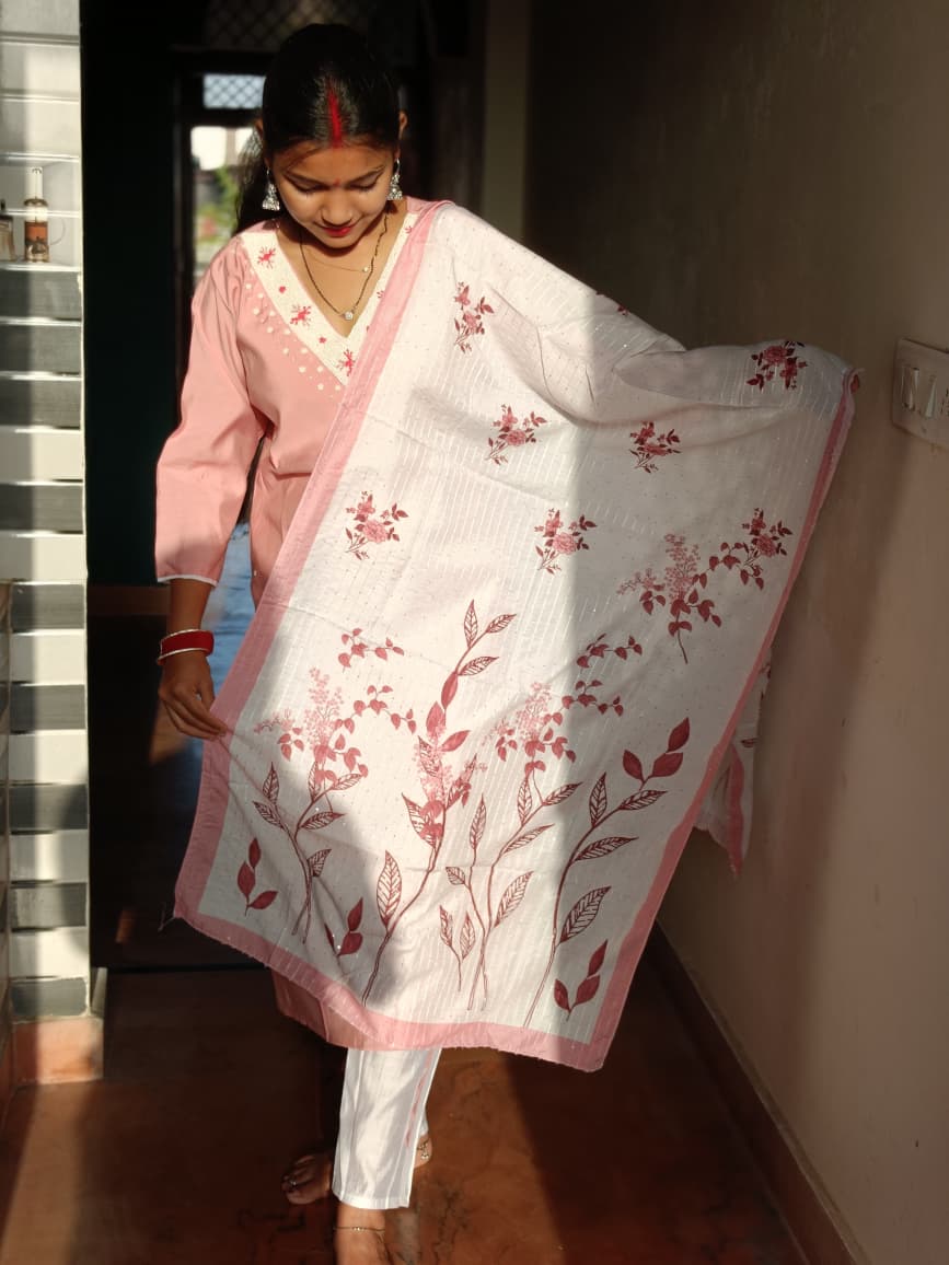 Everyday Pink Embroidered V-Neck Suit with Shimmer Dupatta