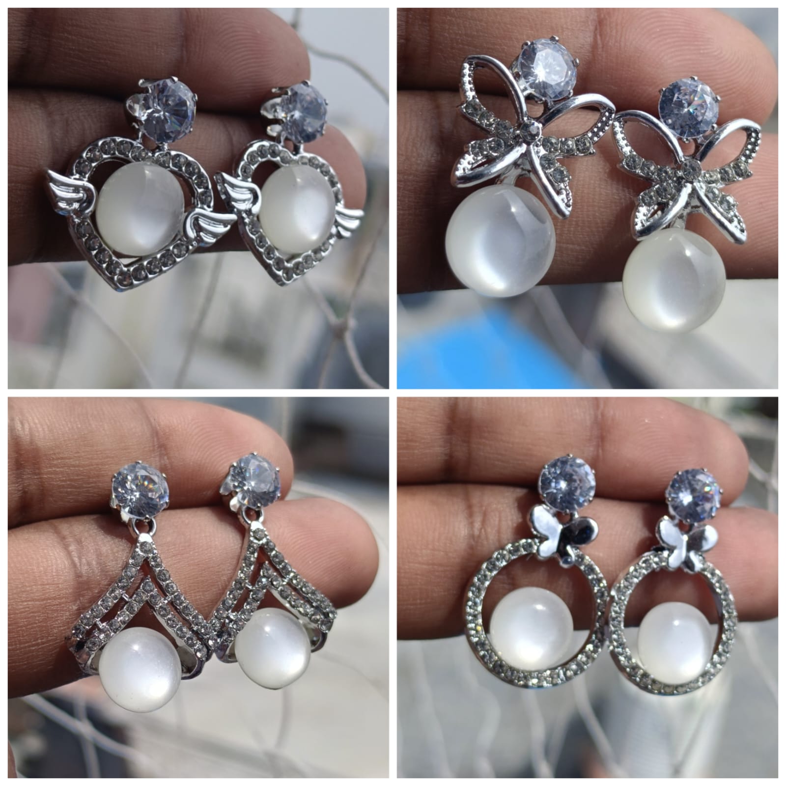 Combo of 4 pairs of Opalescent White Stone Statement Earrings