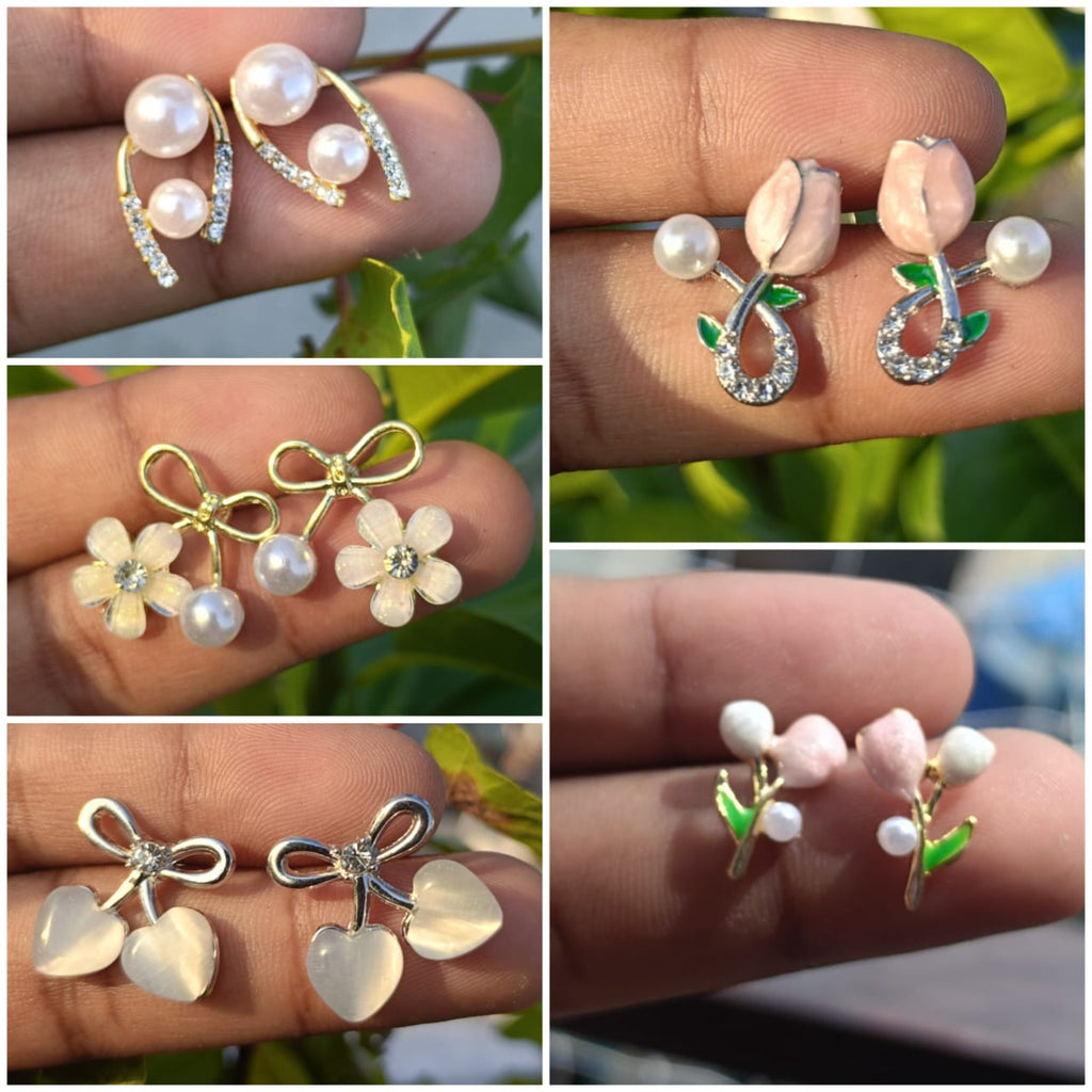 Combo of 5 pairs of  Pearl, Enamel & Flower Stud Earring Collection
