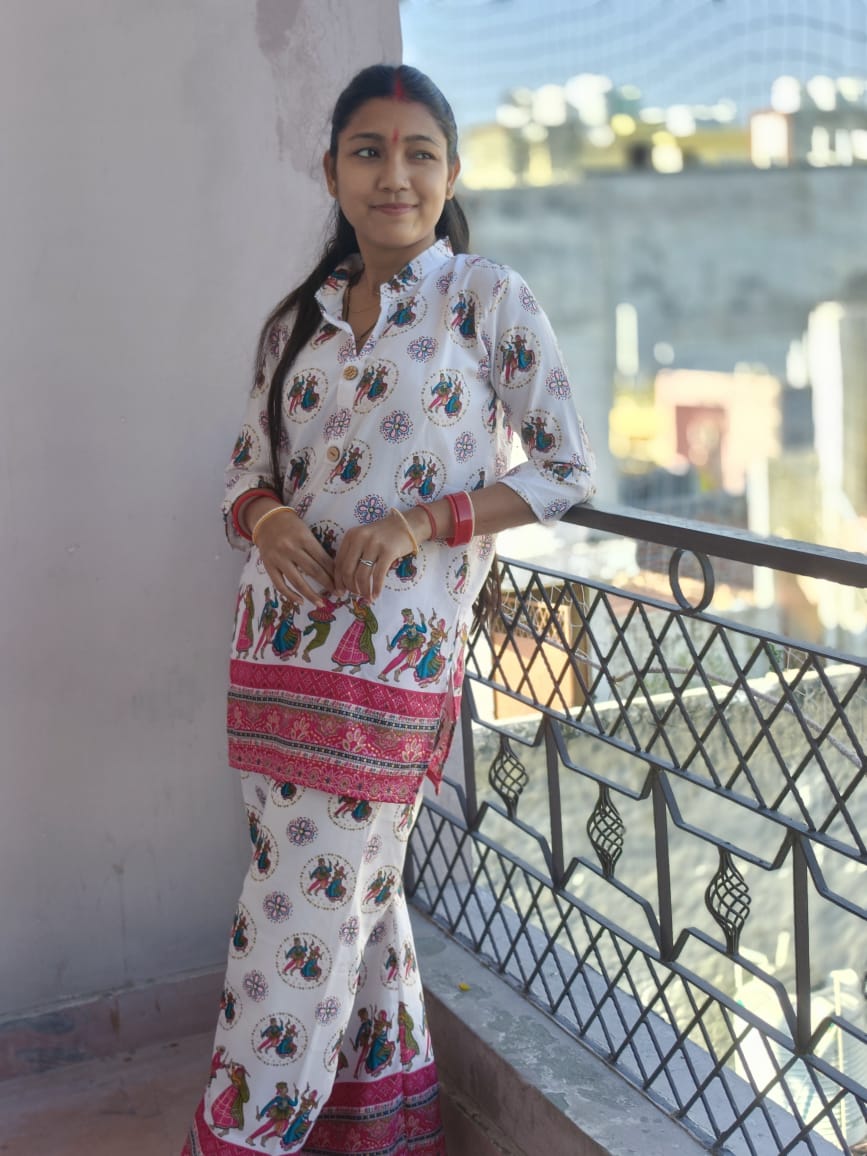 Vibrant White & Pink Folk Dance Print Kurta Set