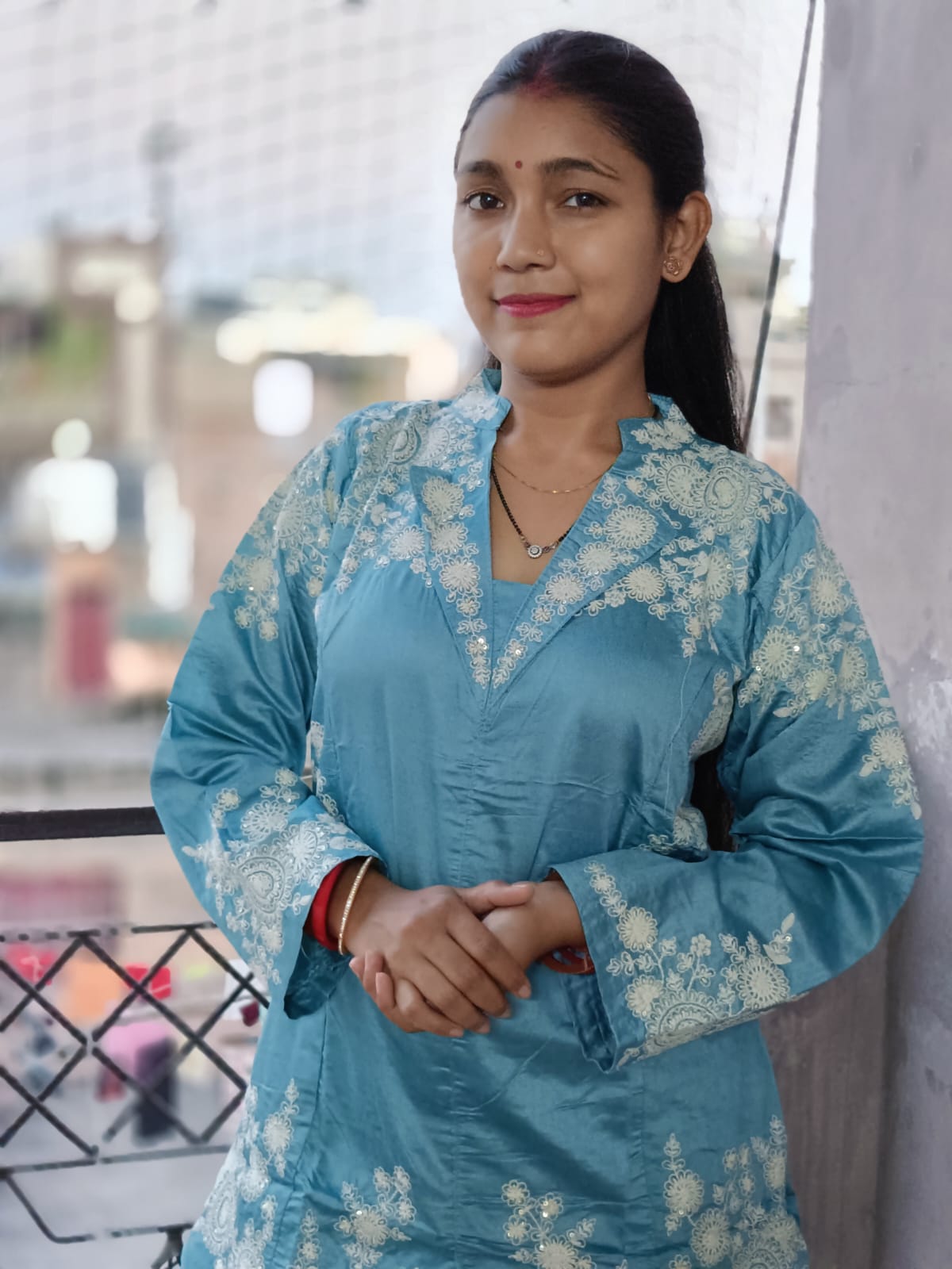 Aqua Blue Embroidered Kurta and Palazzo Set in Silk Blend