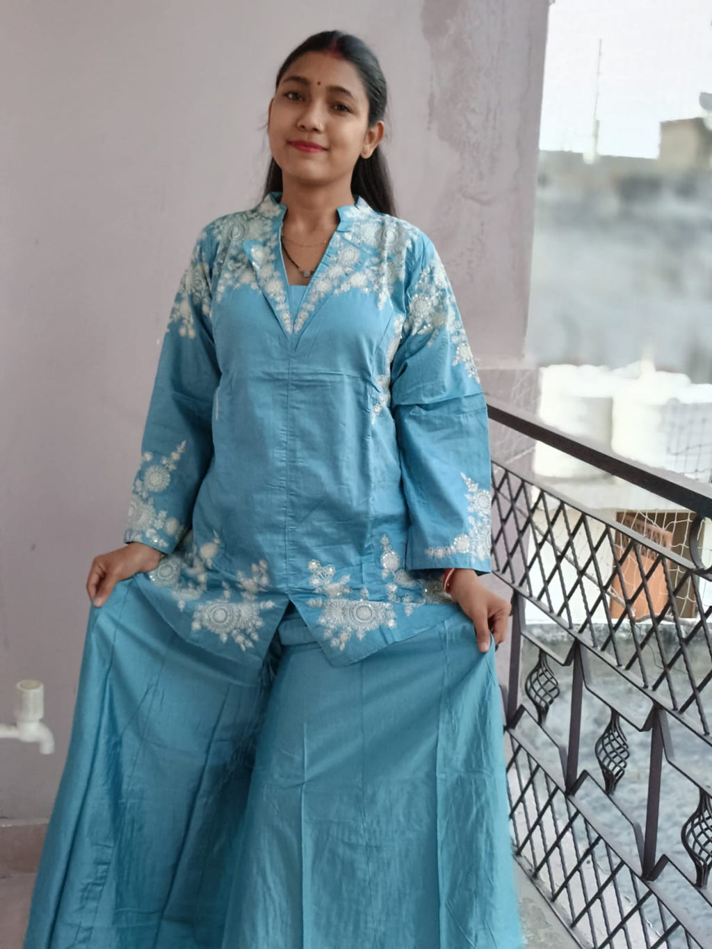 Aqua Blue Embroidered Kurta and Palazzo Set in Silk Blend
