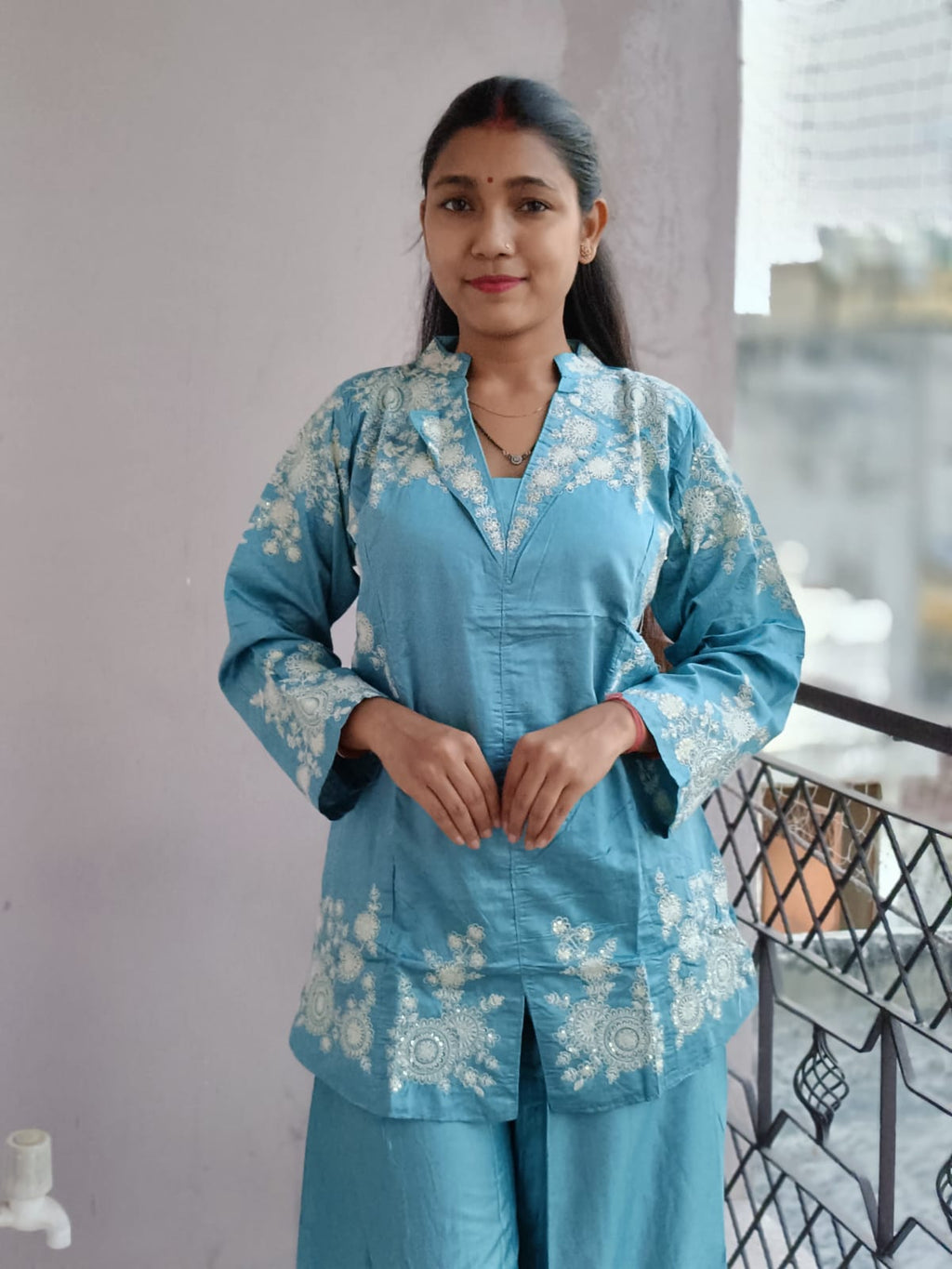 Aqua Blue Embroidered Kurta and Palazzo Set in Silk Blend