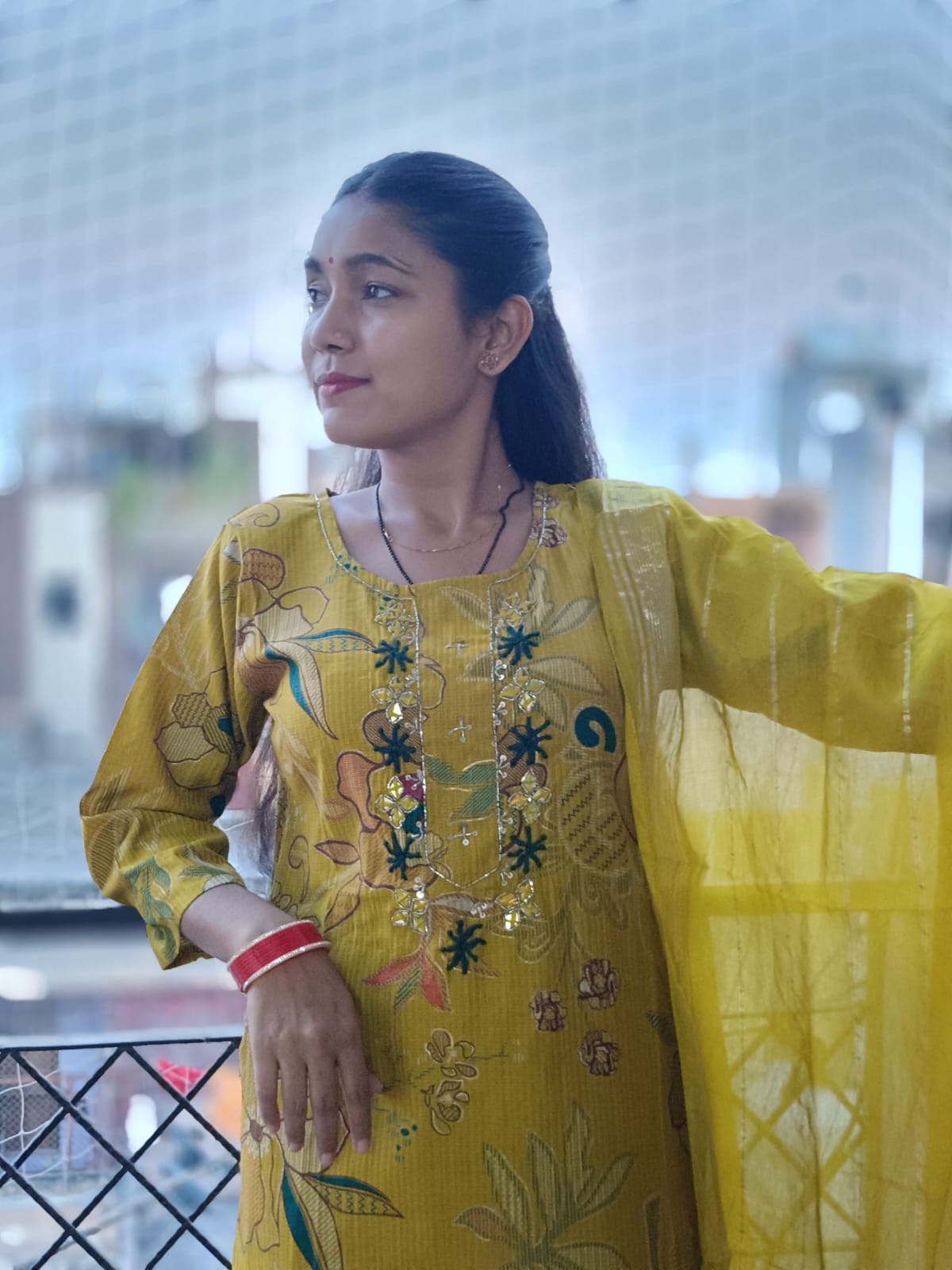 Vibrant Mustard Yellow Floral Print Cotton Kurta Set with Dupatta