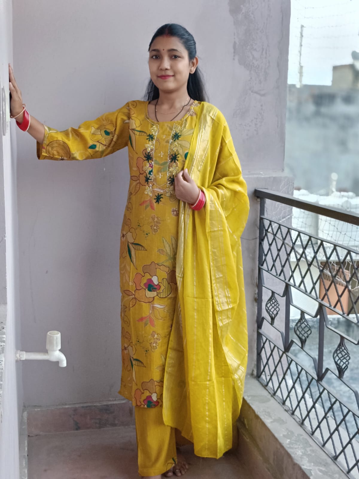 Vibrant Mustard Yellow Floral Print Cotton Kurta Set with Dupatta