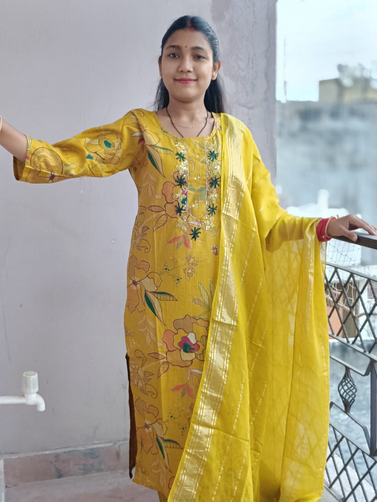 Vibrant Mustard Yellow Floral Print Cotton Kurta Set with Dupatta