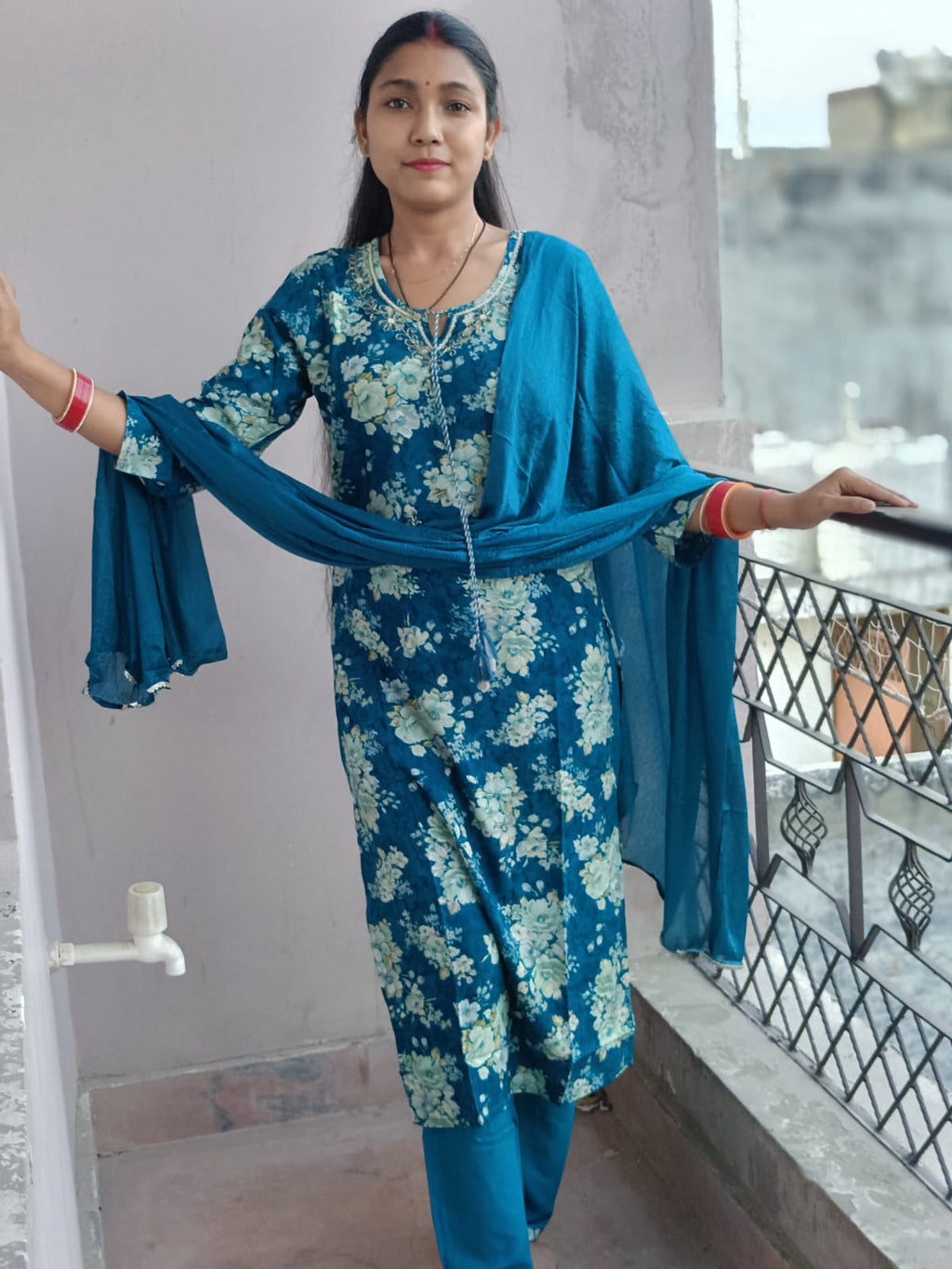 Deep Teal Floral Print Cotton Kurta Set with Dupatta