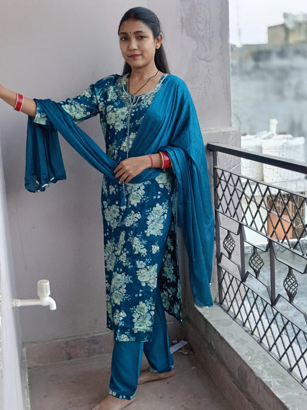 Deep Teal Floral Print Cotton Kurta Set with Dupatta