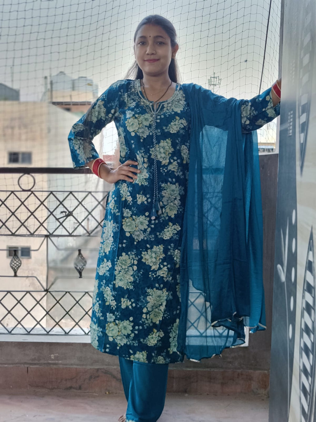 Deep Teal Floral Print Cotton Kurta Set with Dupatta