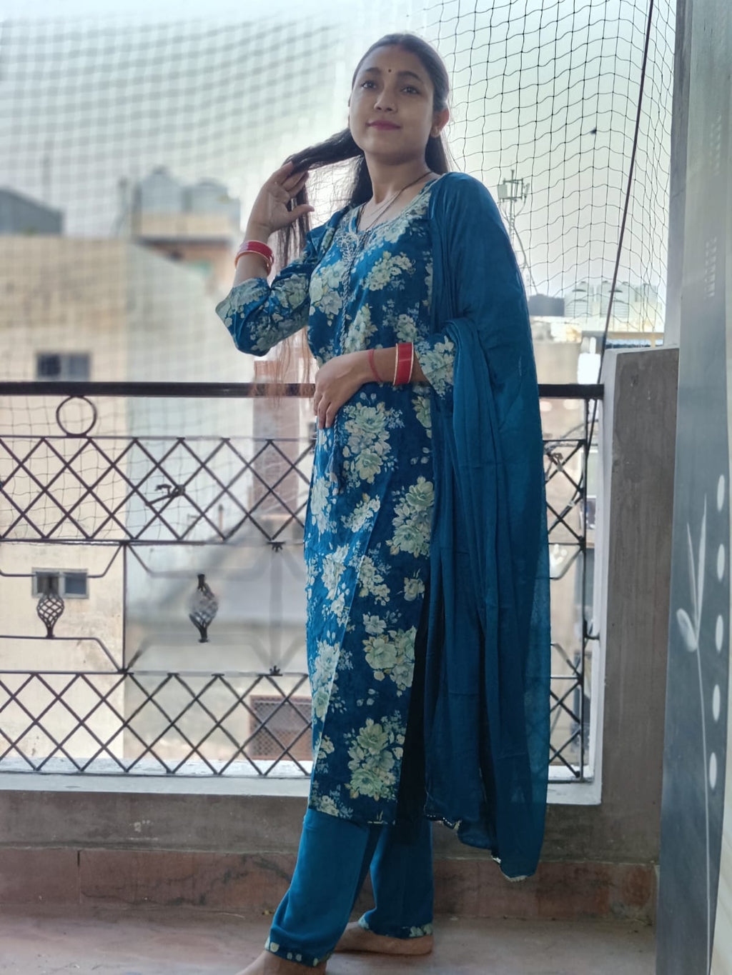 Deep Teal Floral Print Cotton Kurta Set with Dupatta