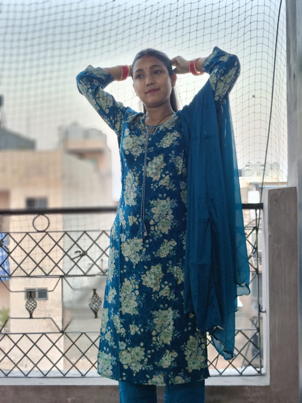 Deep Teal Floral Print Cotton Kurta Set with Dupatta