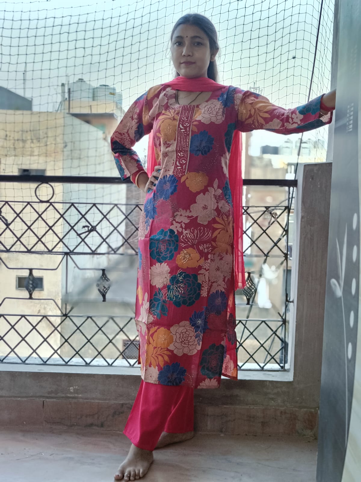 Vibrant Rani Pink Multi-Color Floral Printed Kurta Set