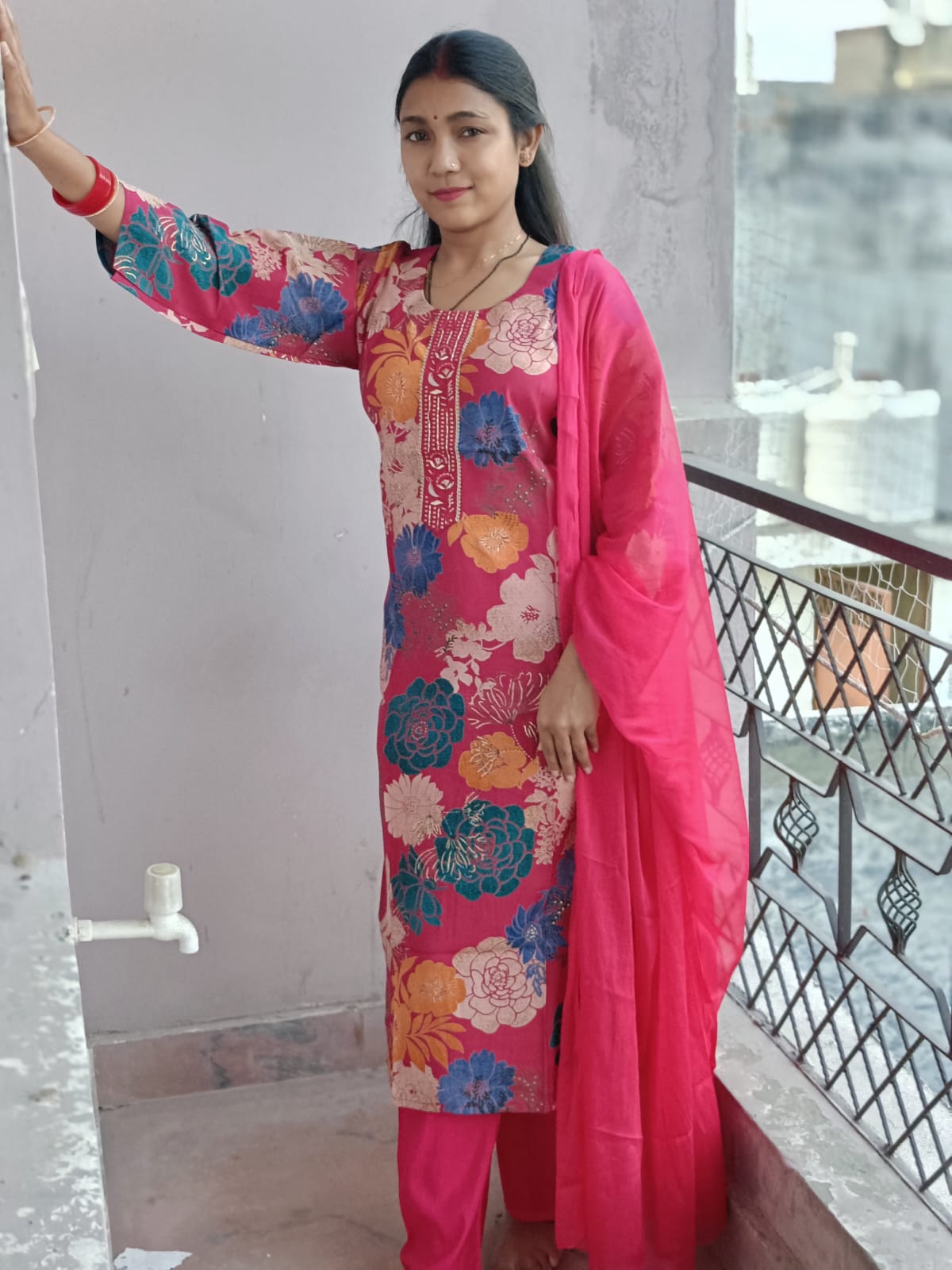 Vibrant Rani Pink Multi-Color Floral Printed Kurta Set