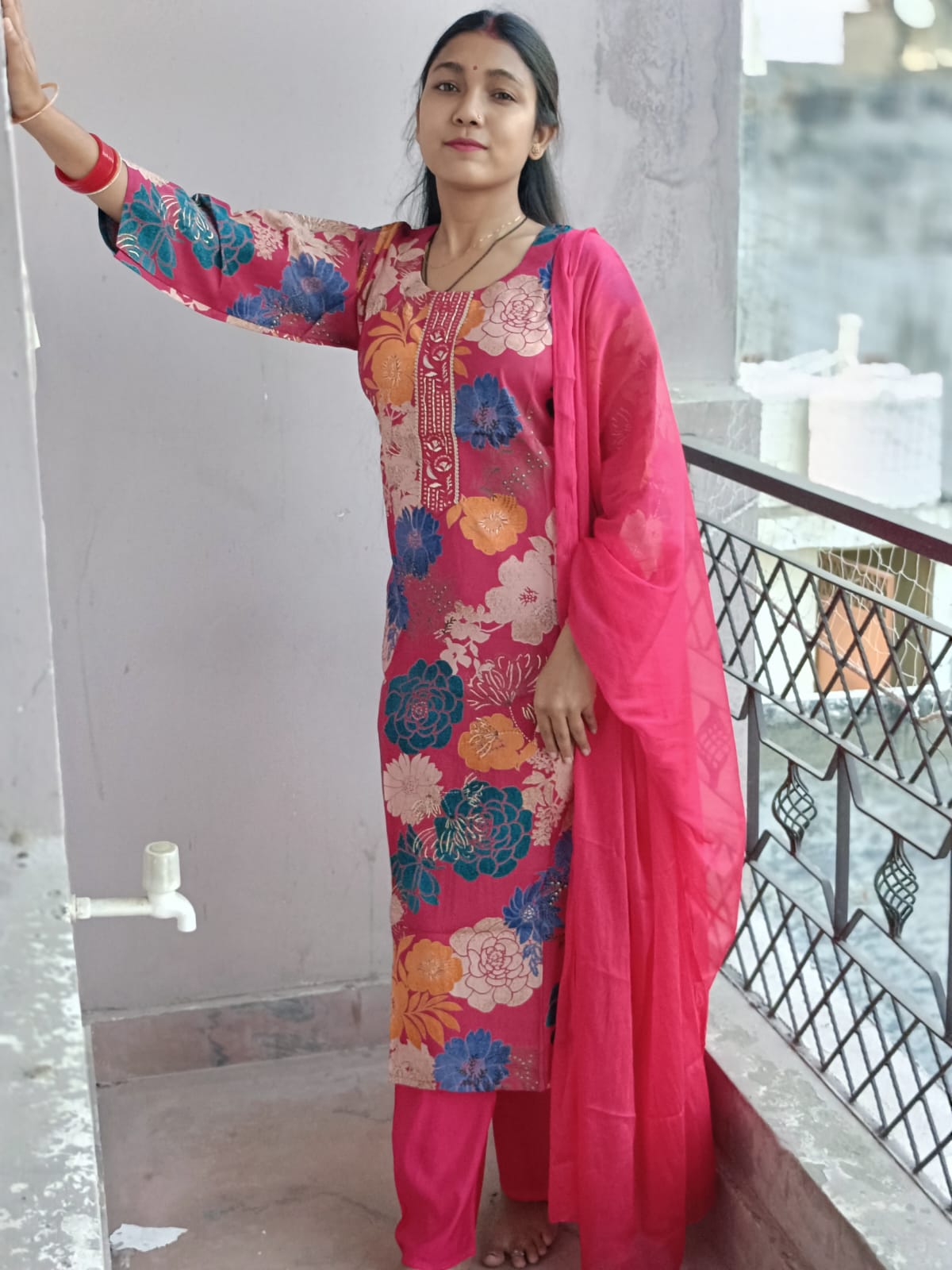 Vibrant Rani Pink Multi-Color Floral Printed Kurta Set