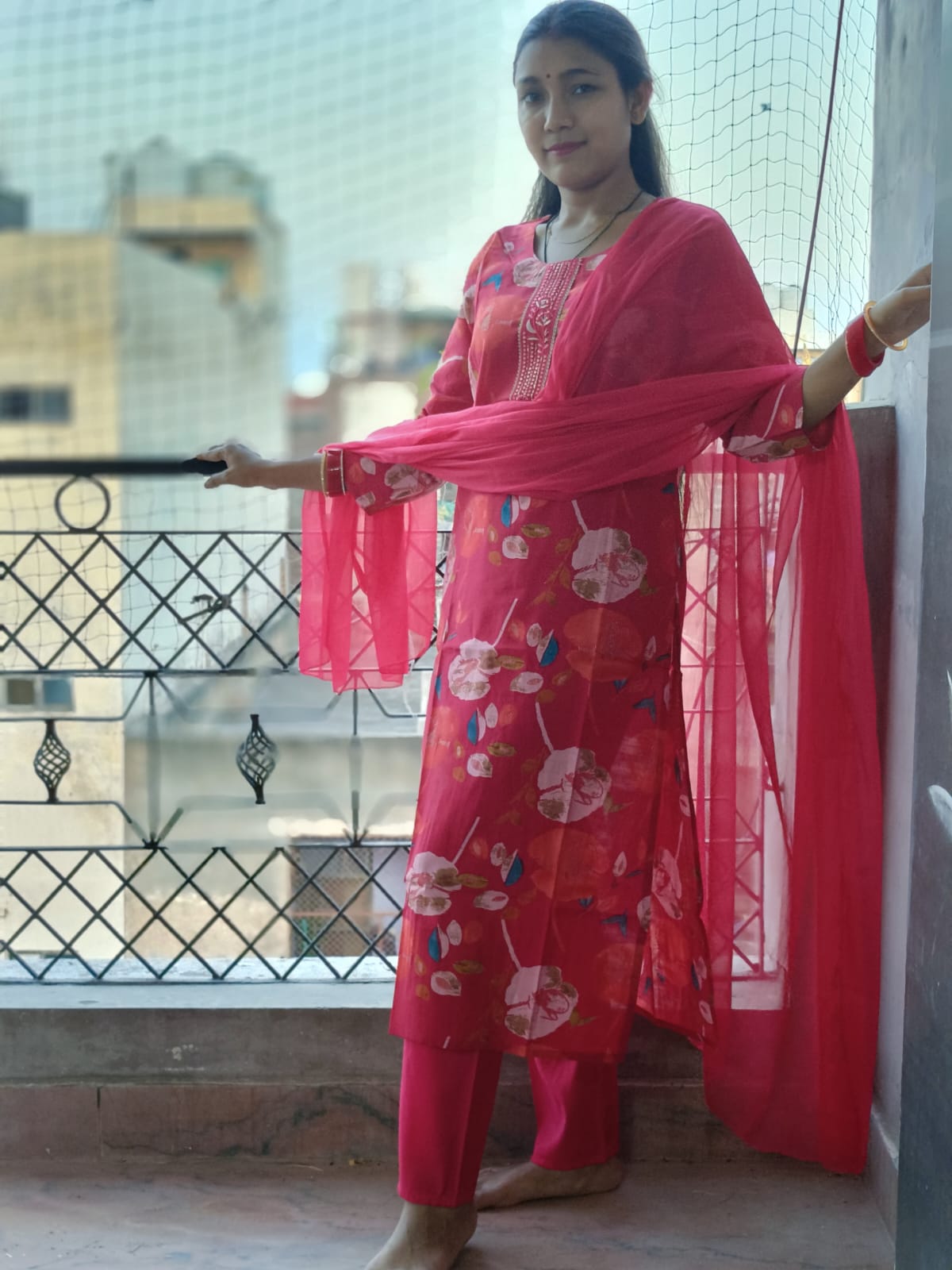 Vibrant Rani Pink Floral Print Kurta Set with Dupatta