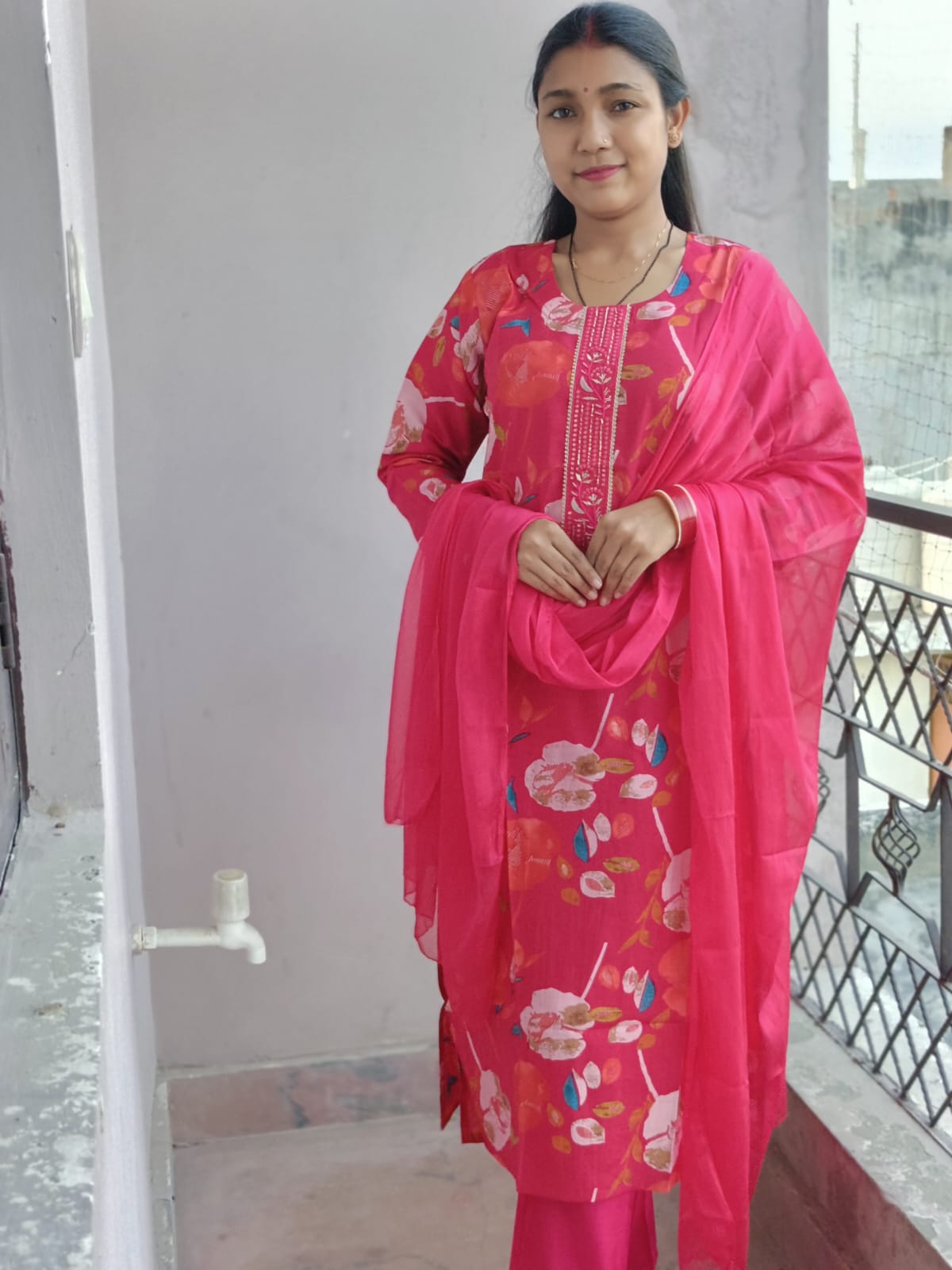Vibrant Rani Pink Floral Print Kurta Set with Dupatta
