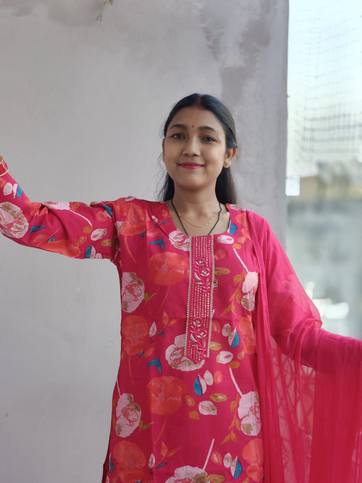 Vibrant Rani Pink Floral Print Kurta Set with Dupatta