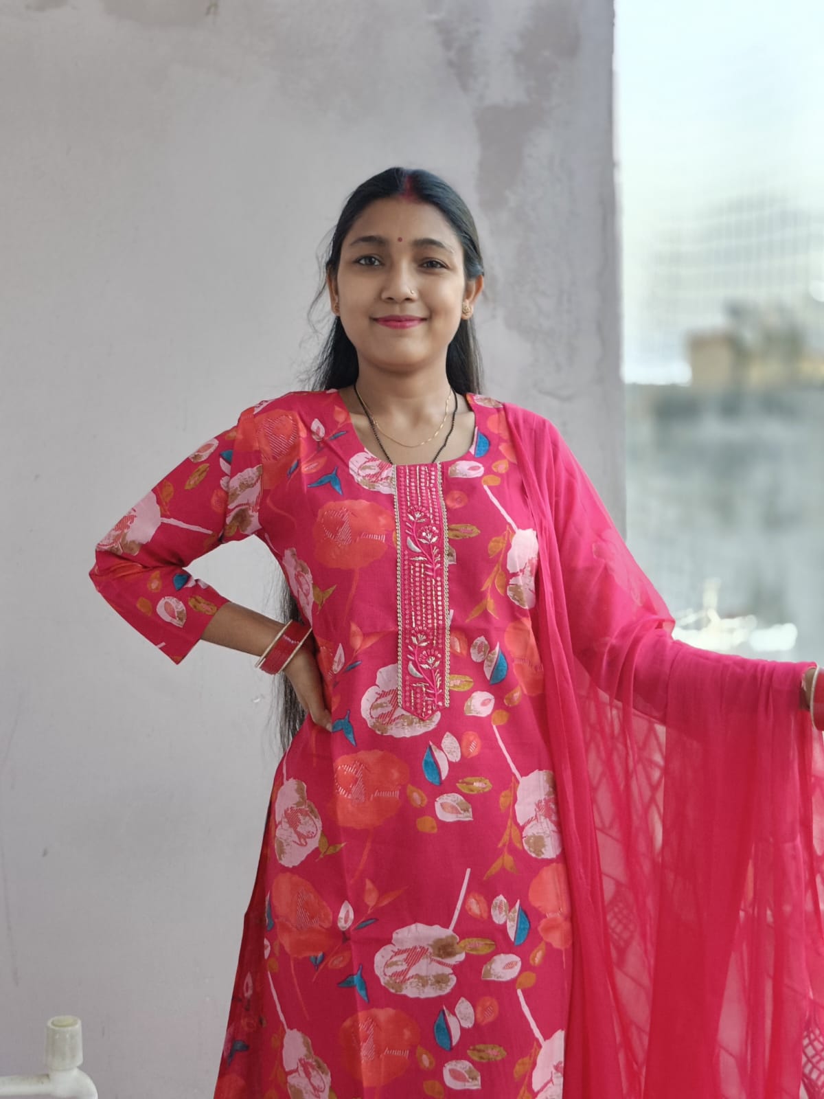 Vibrant Rani Pink Floral Print Kurta Set with Dupatta