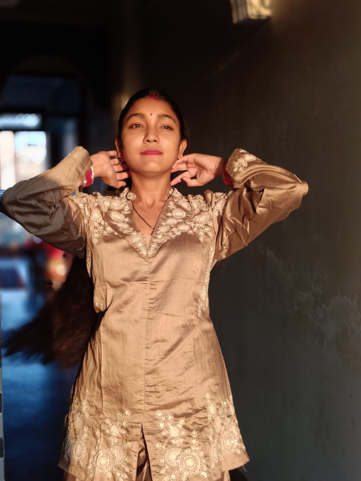 Designer Silk Blend Top and Palazzo Set with White Thread Work