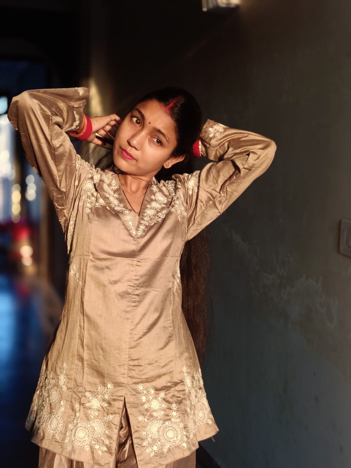 Designer Silk Blend Top and Palazzo Set with White Thread Work