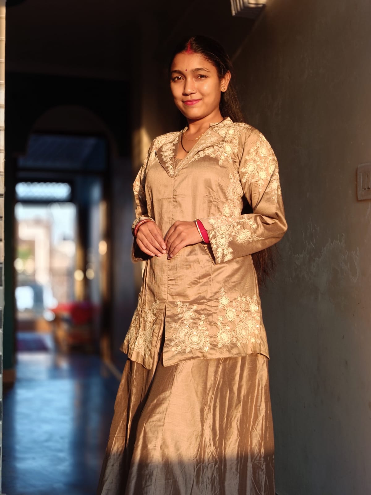 Designer Silk Blend Top and Palazzo Set with White Thread Work