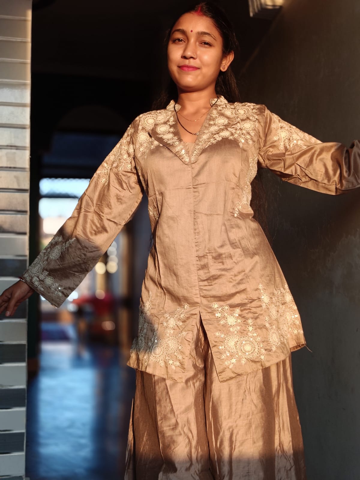 Designer Silk Blend Top and Palazzo Set with White Thread Work