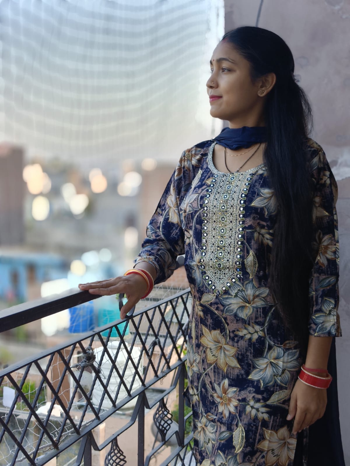 Elegant Navy Blue and Gold Printed Salwar Suit with Dupatta