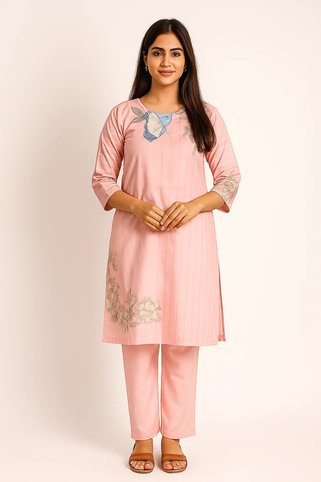 Elegant Pink Striped Kurta Set with Intricate Floral Embroidery